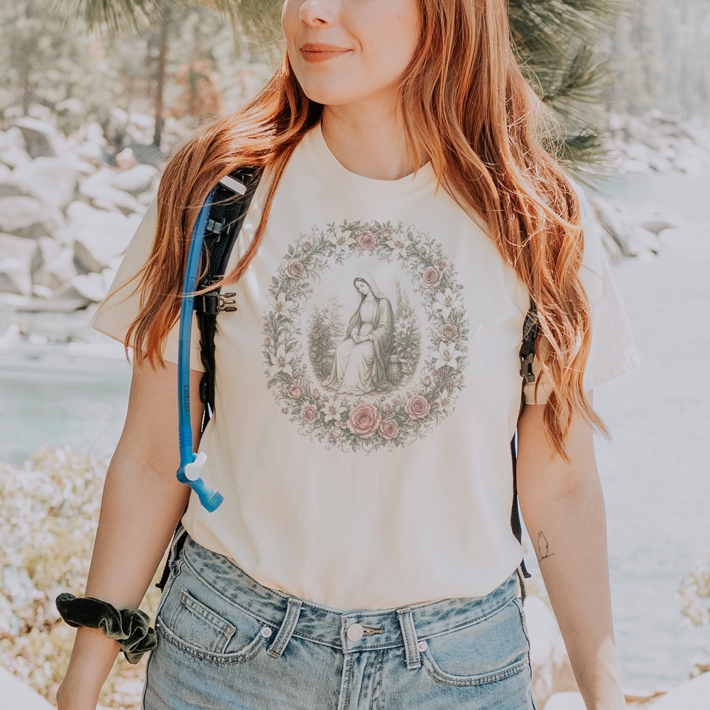Veiled Woman Seated in Rose and Lily Wreath Tee